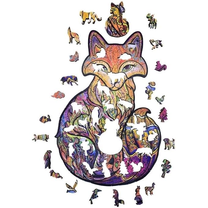 WOODEN JIGSAW PUZZLES, 3D WOODEN ANIMALS SHAPED PUZZLES, BEST GIFT FOR ADULTS AND KIDS DIY PUZZLE PIECE, COLORFUL UNIQUE SHAPED FOX PUZZLES A4-8.2 X 11.6IN (A4-FOX) - Image 4